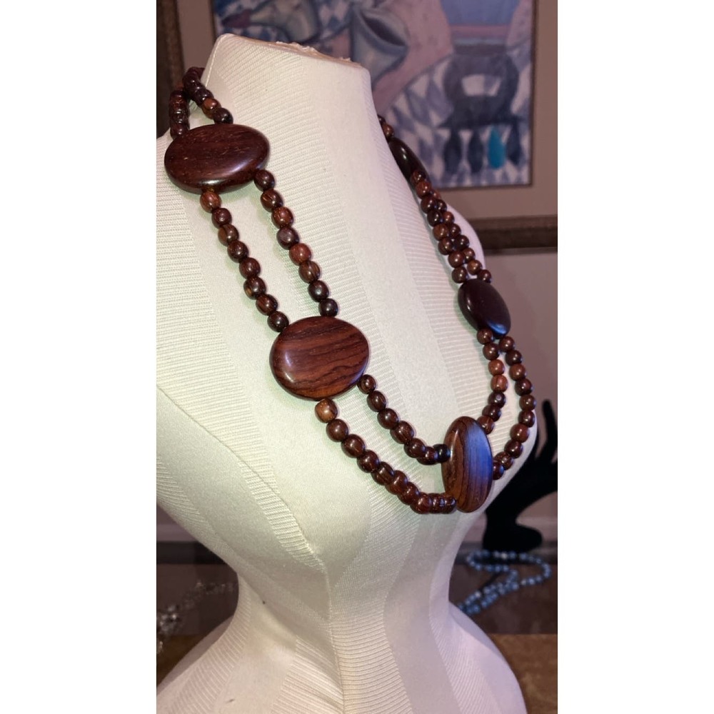 Avalaya Statement Coin Double Strand Wood Bead Necklace - Picture 4 of 5